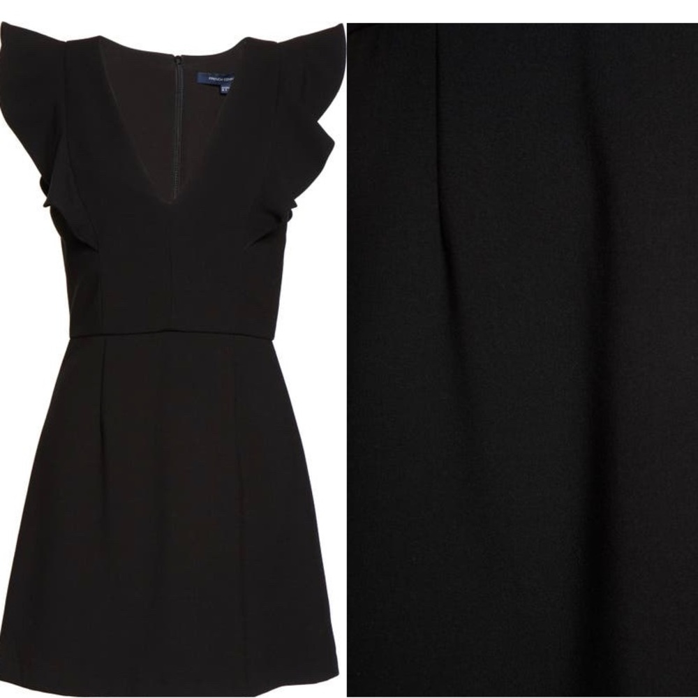 Black, flirty dress. finished with ruffles.

• 34" length
• V-neck
• Lined